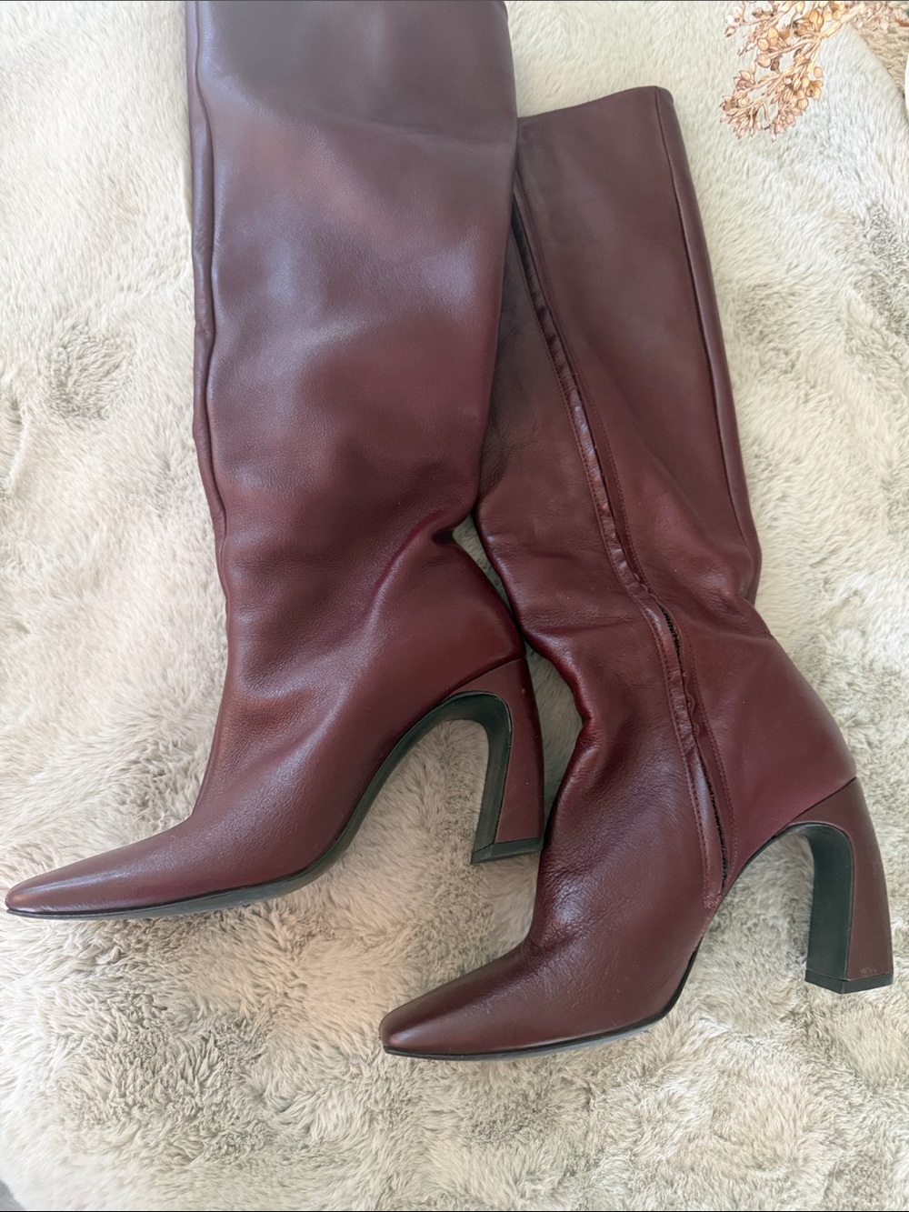 Zara Burgundy Knee-High Square-Toe Heeled Boots - Picture 3 of 5